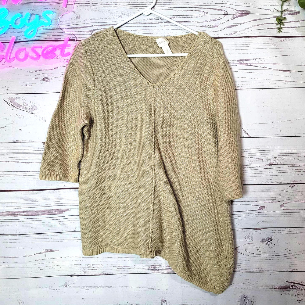 Chico's Beige Beige V-Neck Ribbed 3/4 Sleeve Pullover‎ Sweater Womans Size 3